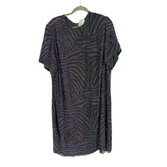 Vintage Bieff Basix Silk Beaded Dress Purple Tiger Stripe Size 2X Formal Wedding - Picture 1 of 7